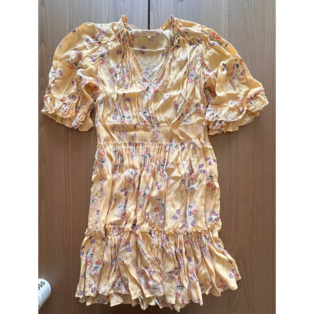 byTiMo Yellow Floral Ruffle Smocked Mini Dress Womens Large Boho Tiered Viscose - Picture 2 of 9